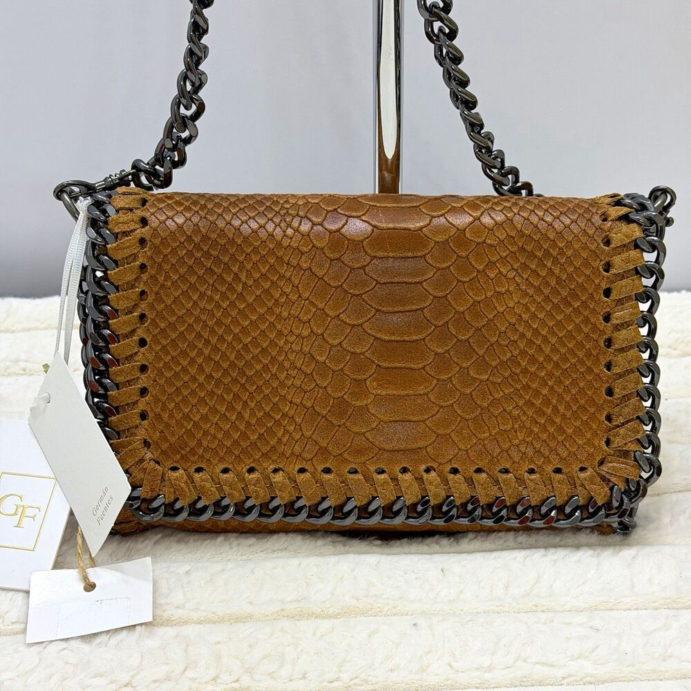 NWT German Fuentes GF0392 Italian Leather Snake Embossed Crossbody 9 x 6 Camel